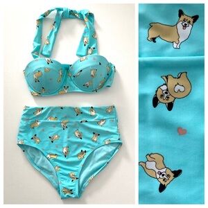 Midnight Hour Blue Corgis and Hearts Pattern High-Waisted Halter Bikini Swim Set